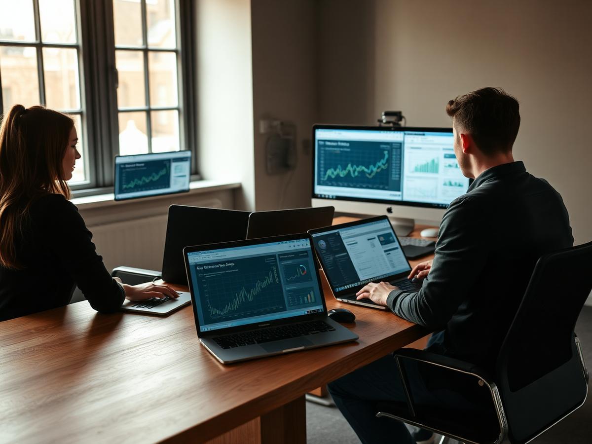 Ecco Salution professional digital agency team working on laptops with eCommerce growth charts
